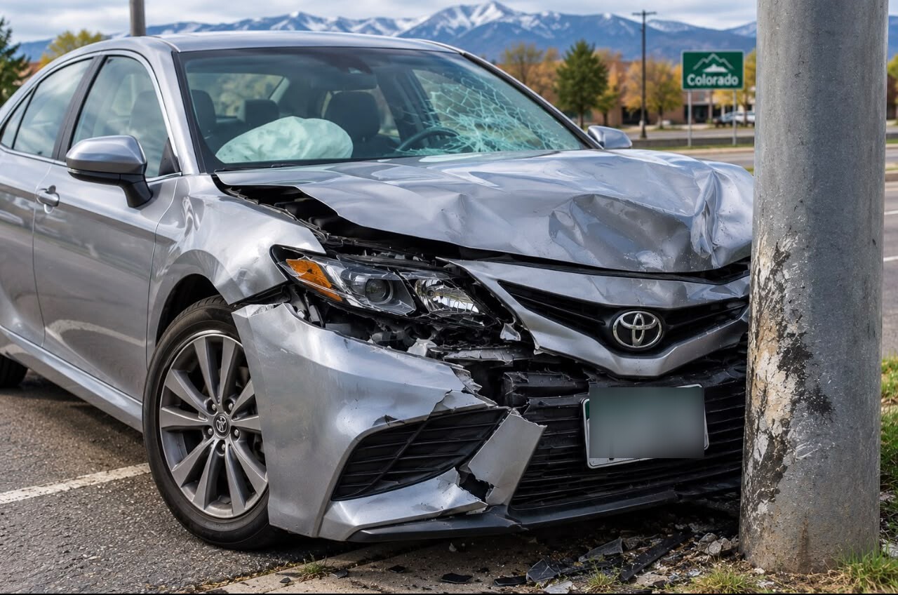 Damaged silver car stopped beside a roadside utility pole; license plate obscured